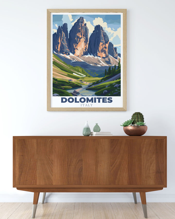 Unique Tre di Lavaredi Poster highlighting the breathtaking landscapes of the Dolomites Italy. This Italy travel print is ideal for home decor and gifts. Bring the beauty of the Italy mountains into your home with this stunning wall art.