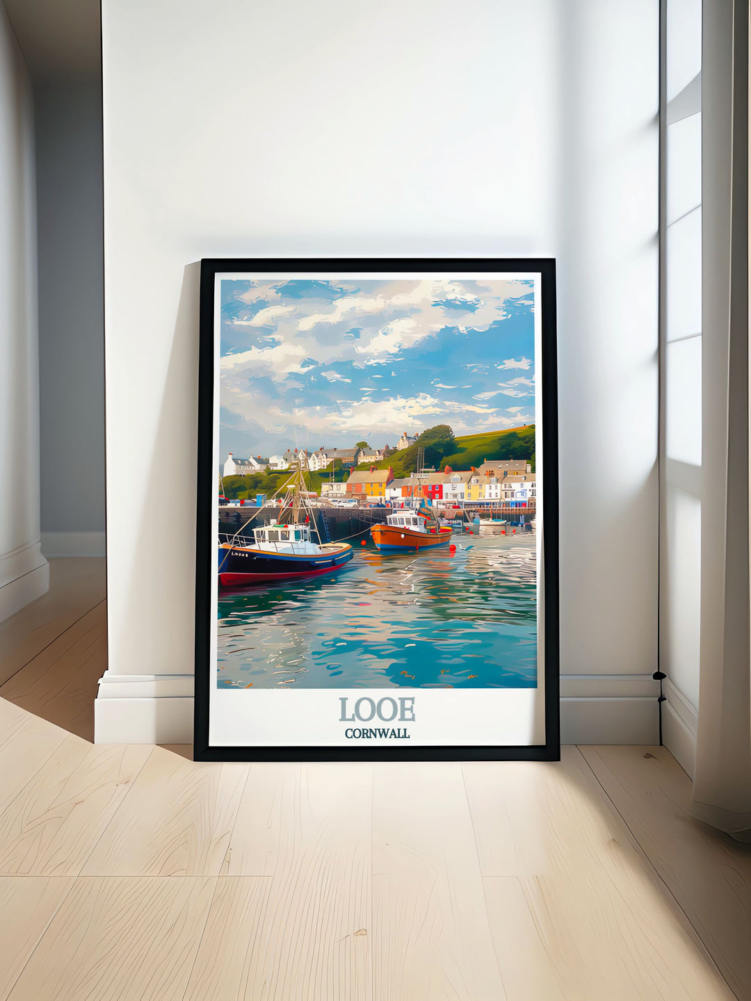 Looe Harbour travel print featuring a detailed illustration of the serene and vibrant harbour in Looe Cornwall perfect for adding a touch of coastal charm to your home decor and an ideal gift for lovers of Cornwall and Looe Harbour.
