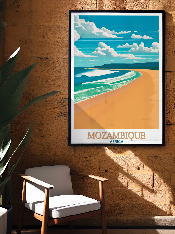 Tofo Beach Wall Art, a beautifully crafted print that captures the tranquility of Mozambiques shores. This artwork is perfect for those who appreciate the serene and exotic landscapes of Africas coastal regions, providing a window into Mozambiques natural beauty.