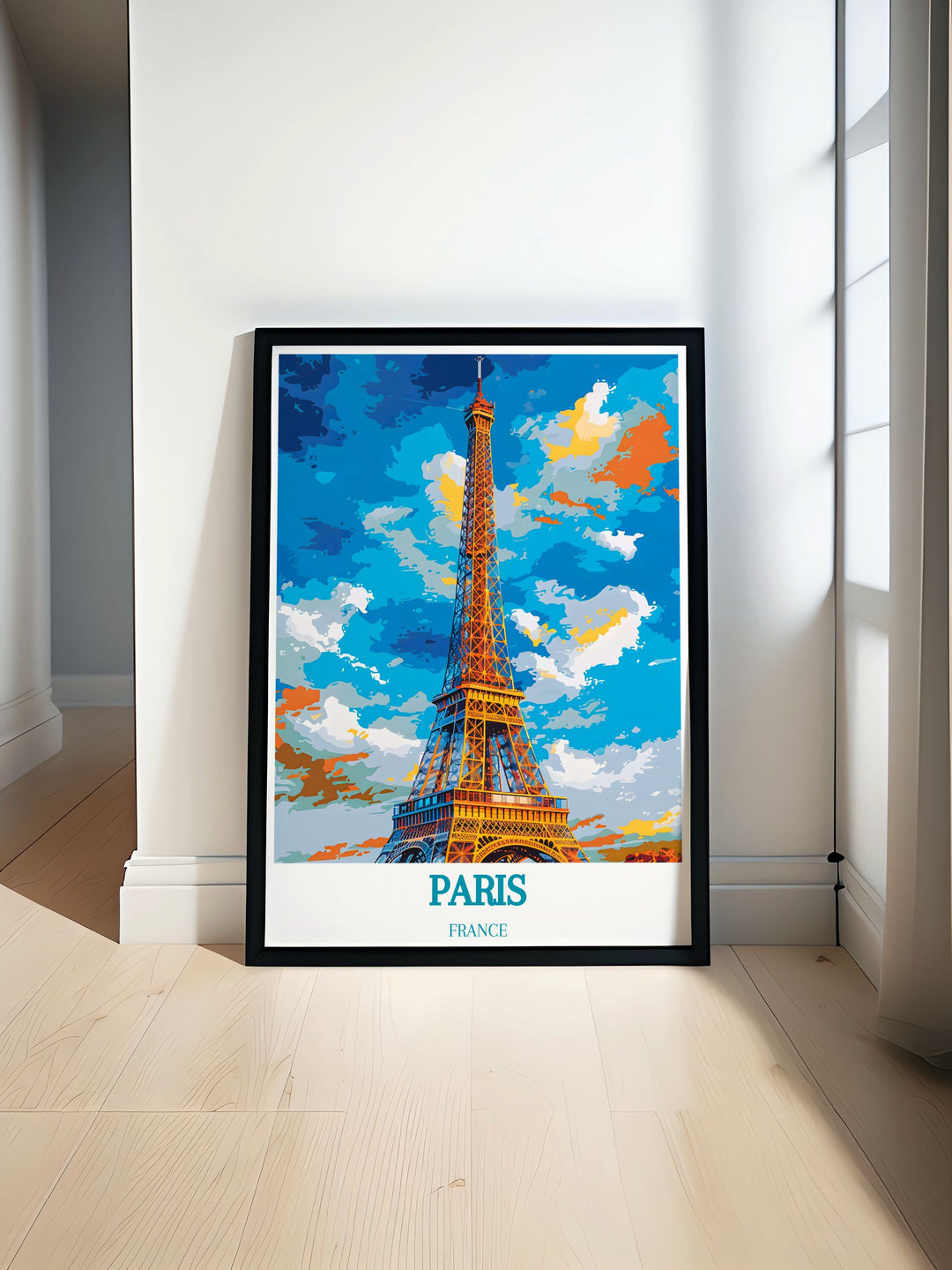 Colorful Eiffel Tower Modern Art Print featuring vibrant hues of Parisian landmarks. Perfect for adding a lively touch to any room with stunning Paris wall art. Ideal as a travel print poster or unique gift.