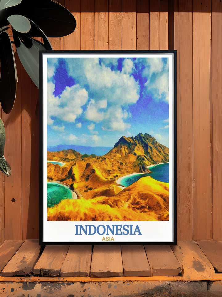 Indonesia travel art featuring the iconic Komodo dragons of Komodo National Park and the cultural beauty of Bali. Perfect for nature lovers and adventurers, this poster adds a touch of Southeast Asia to your space.