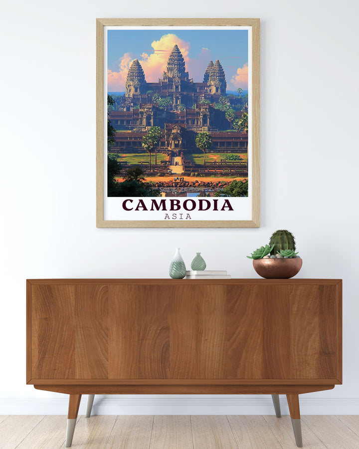 Unique Cambodia poster showcasing Angkor Wat in a black and white vintage style making it a perfect piece of wall art for history and architecture enthusiasts.