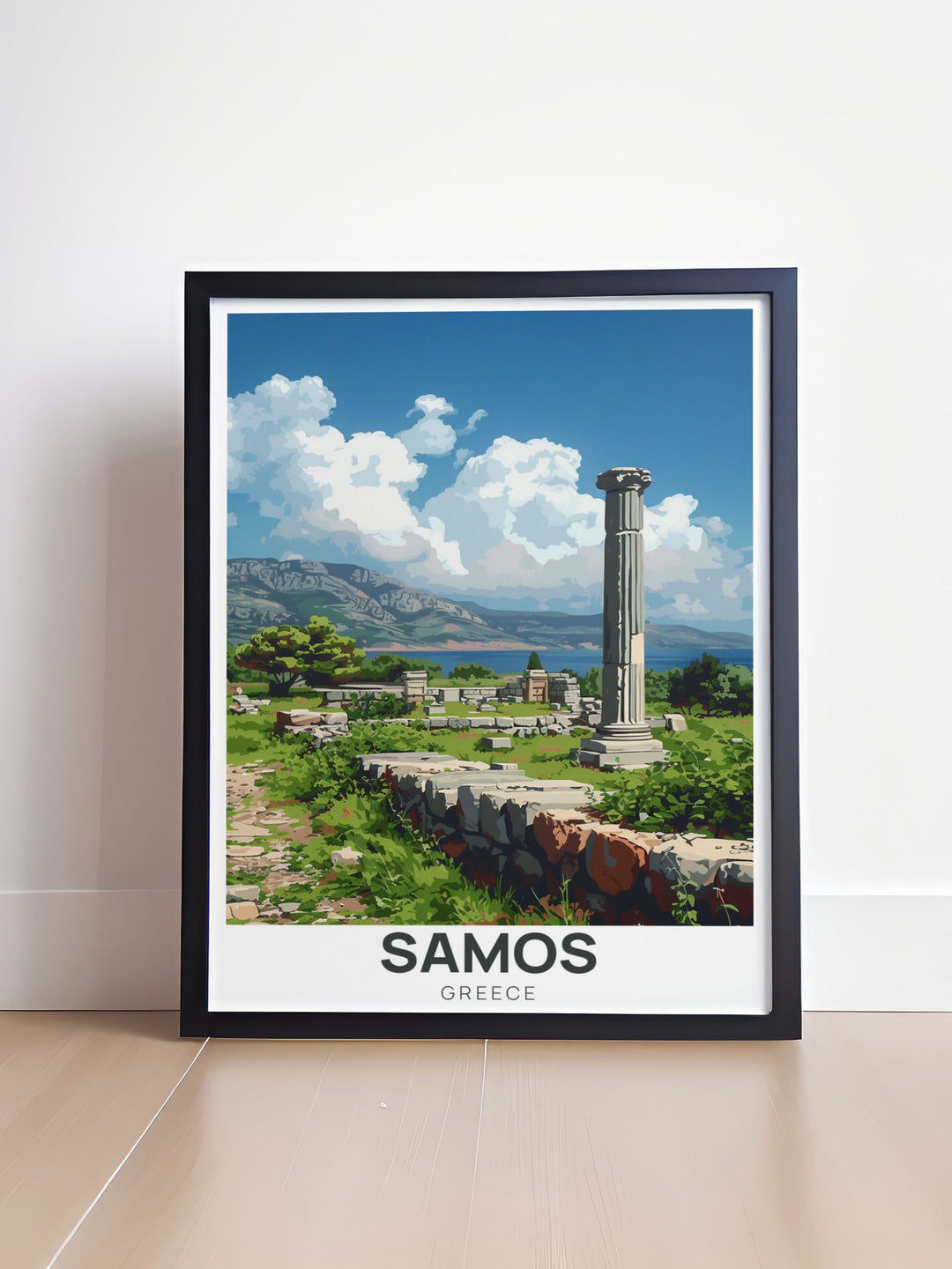 Celebrate the rich history and beauty of Samos with this travel print, featuring the Heraion of Samos, one of Greeces UNESCO World Heritage Sites. This artwork is ideal for anyone with a love for Greeces ancient landmarks and breathtaking views.