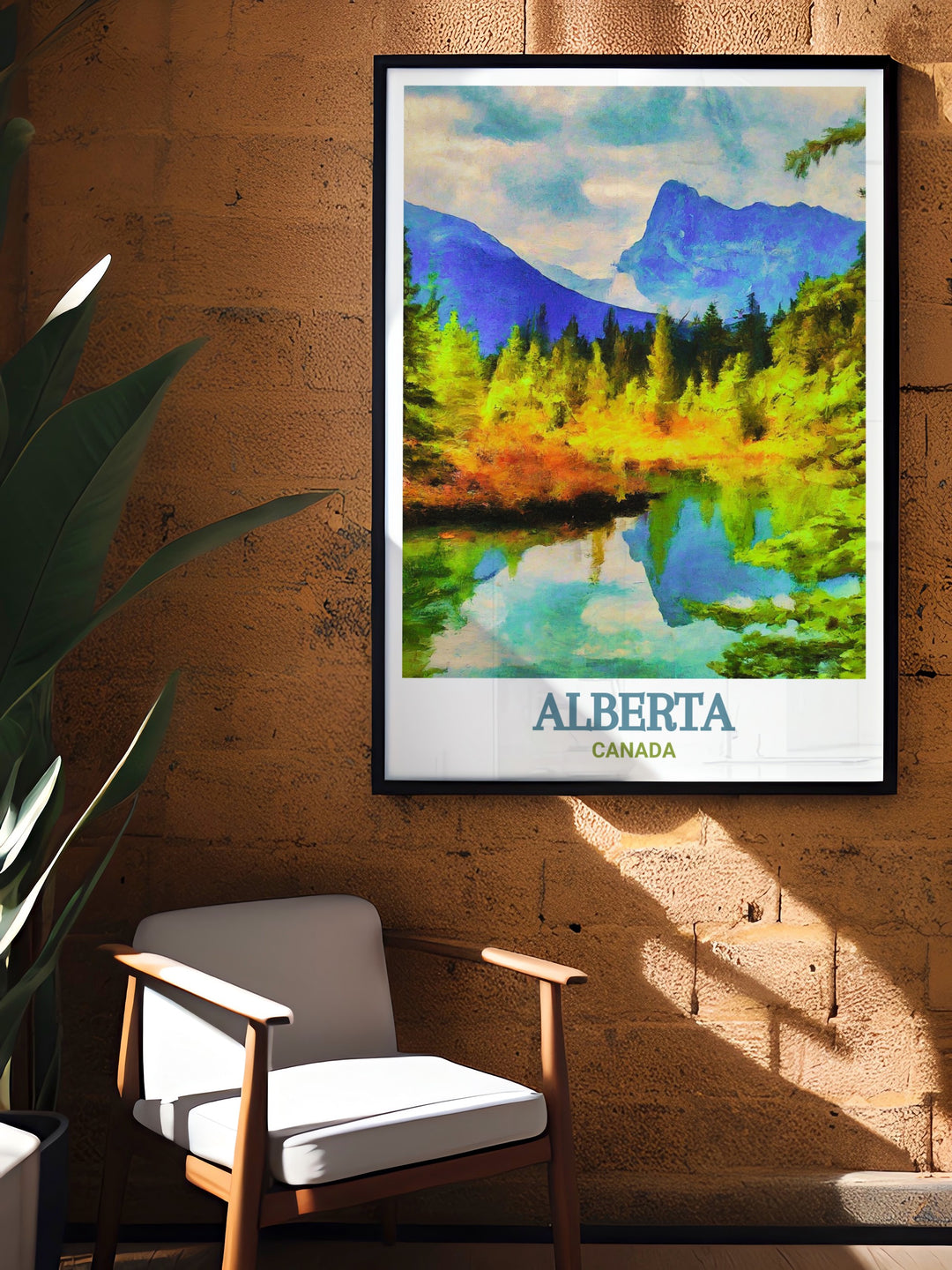 Alberta travel poster of Jasper National Park, capturing the parks dramatic scenery and vibrant colors. This print is perfect for decorating your home with a piece of Albertas natural heritage and the tranquility of Jaspers wilderness. Let the stunning landscapes inspire your space.