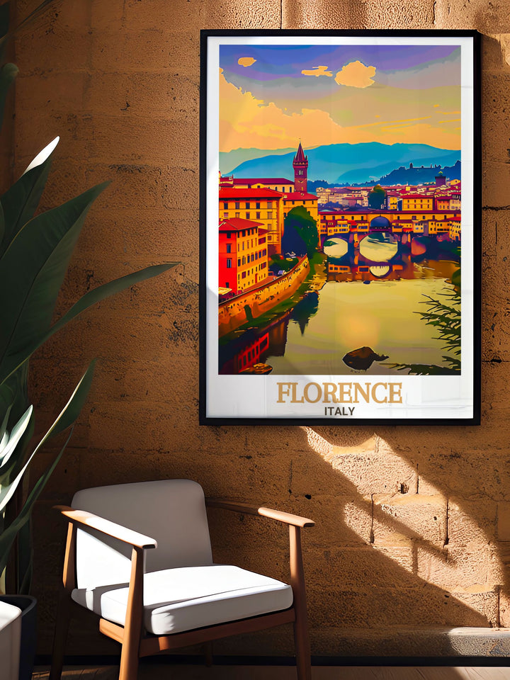 Elegant Ponte Vecchio artwork brings the beauty of Florence Italy to life. This Italy print is perfect for lovers of travel and Italian culture who want to celebrate the architectural brilliance of Florence with stunning and timeless wall art