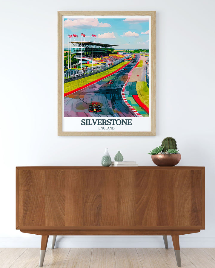 Silverstone Wing British Racing Drivers Club clubhouse wall art highlighting the architectural beauty and vibrant energy of the racing circuit. This racing illustration offers a dynamic addition to any home decor, celebrating the legacy and excitement of Silverstone Circuit.