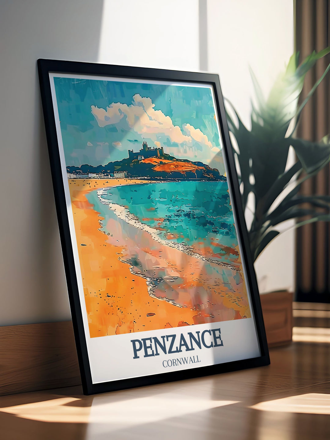 Framed Print of Porthleven Church and the breathtaking Mount Bay St Michaels Mount a perfect addition to any collection of bucket list prints offering a glimpse into the timeless beauty of Cornish landmarks