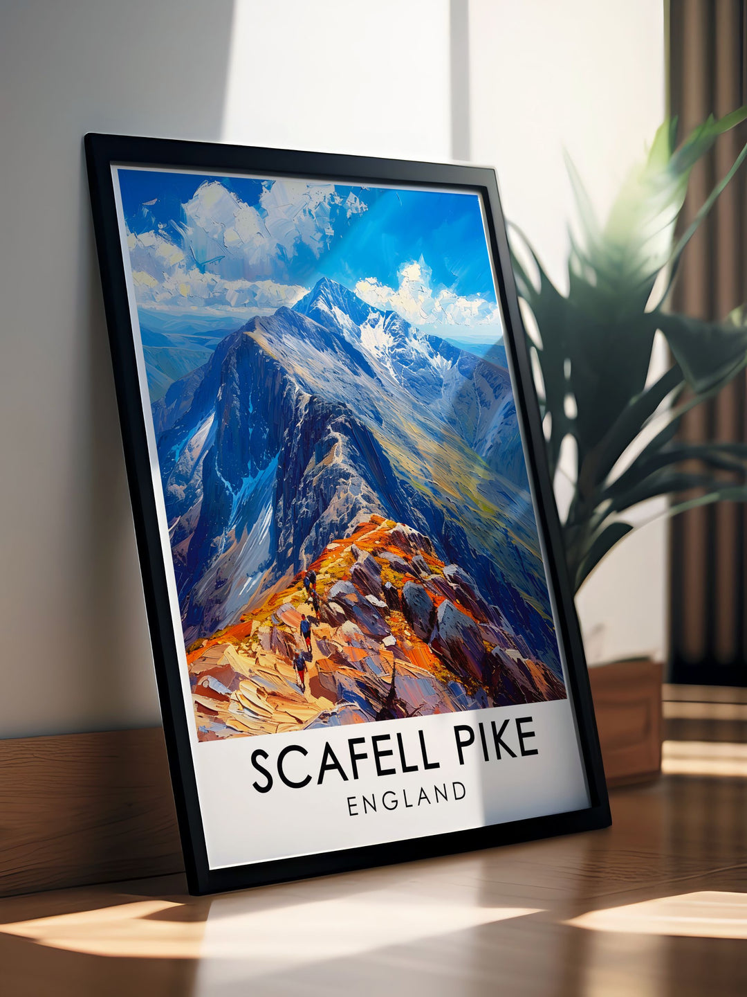 High quality poster of Scafell Pike, showcasing the peaks impressive height and scenic surroundings. Ideal for framing and displaying as part of a nature inspired home decor collection.