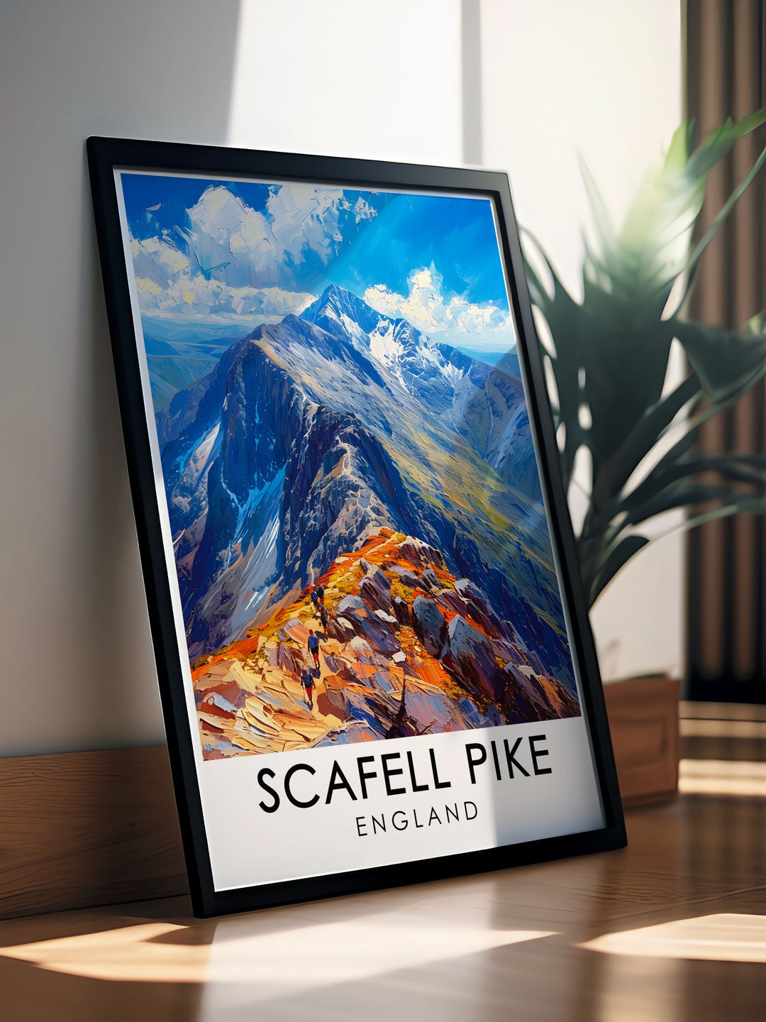 A stunning Scafell Pike poster print featuring Englands tallest mountain and its summit. This detailed travel print showcases the beauty of the Lake District, making it an ideal gift for hikers and nature enthusiasts. Perfect for home decor, this piece adds an adventurous touch to any room.