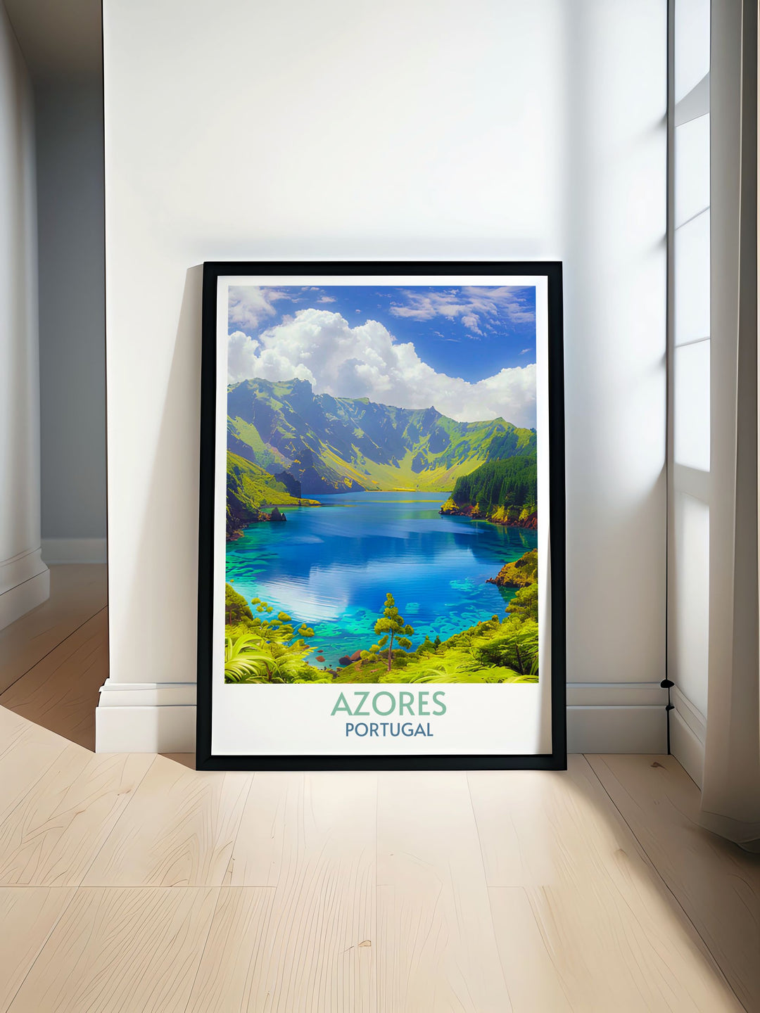 Lagoa do Fogo poster in a minimalist style, highlighting the Azores natural elegance, perfect for modern home aesthetics.