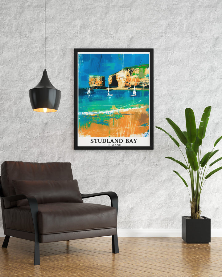 England travel poster featuring Old Harry Rocks Jurassic Coast and Studland Bay. This art piece brings the dramatic cliffs of Englands famous Jurassic Coast into your home making it a perfect gift for travelers and coastal decor lovers alike.