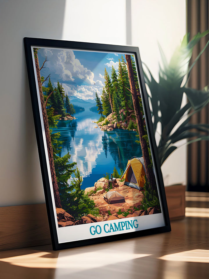 A captivating scene of a camper van parked beside a serene lake, surrounded by lush greenery and clear skies, perfect for bringing a touch of outdoor adventure to your home decor.