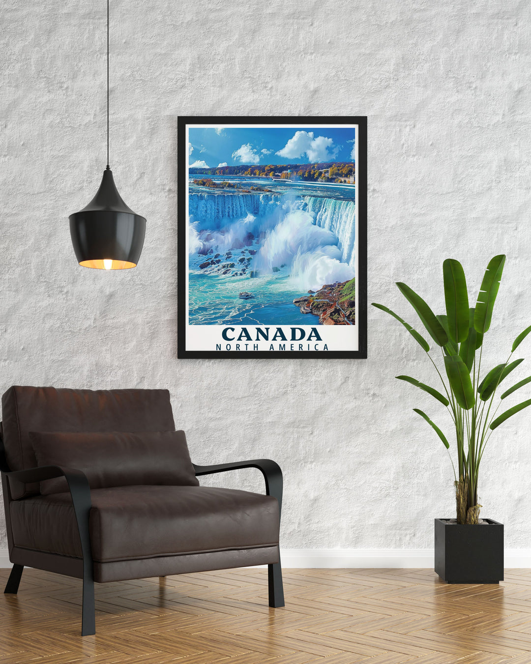 Highlighting the thunderous presence of Niagara Falls and the vibrant surroundings, this travel poster is perfect for those who appreciate the natural and historical richness of Canada.