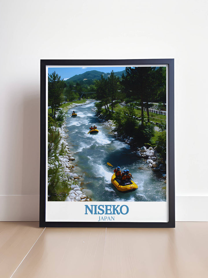 Vintage Snowboard Wall Art featuring Shiribetsu River and Niseko Japan capturing the thrill of snowboarding with classic retro charm and scenic beauty