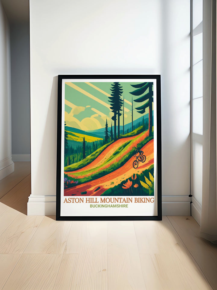 Aston Hill Mountain Biking Travel Poster featuring the exhilarating Downhill Trails at Aston Hill Bike Park perfect for mountain biking enthusiasts Wendover Poster and Mountain Bike Print bring the adventure of Chiltern Hills MTB into your home