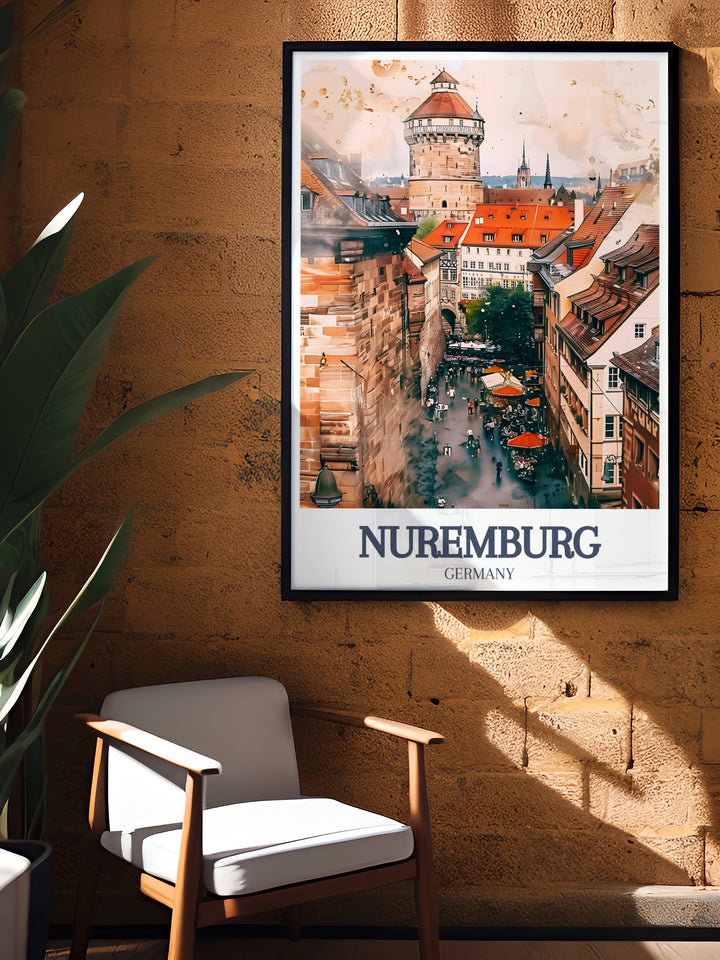 Nuremberg travel print featuring the historic Nuremberg Castle and the bustling Hauptmarkt. This minimalist artwork brings together the best of Nurembergs architectural and cultural heritage, making it an ideal piece for home decor or as a thoughtful travel gift for a loved one.