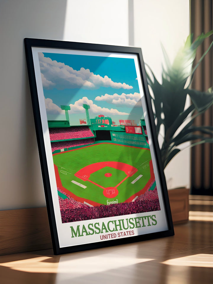 Massachusetts Vintage Poster features iconic landmarks like Fenway Park and Springfield, bringing a touch of history and charm to any room. This framed artwork is perfect for those who appreciate the cultural and architectural beauty of Massachusetts.