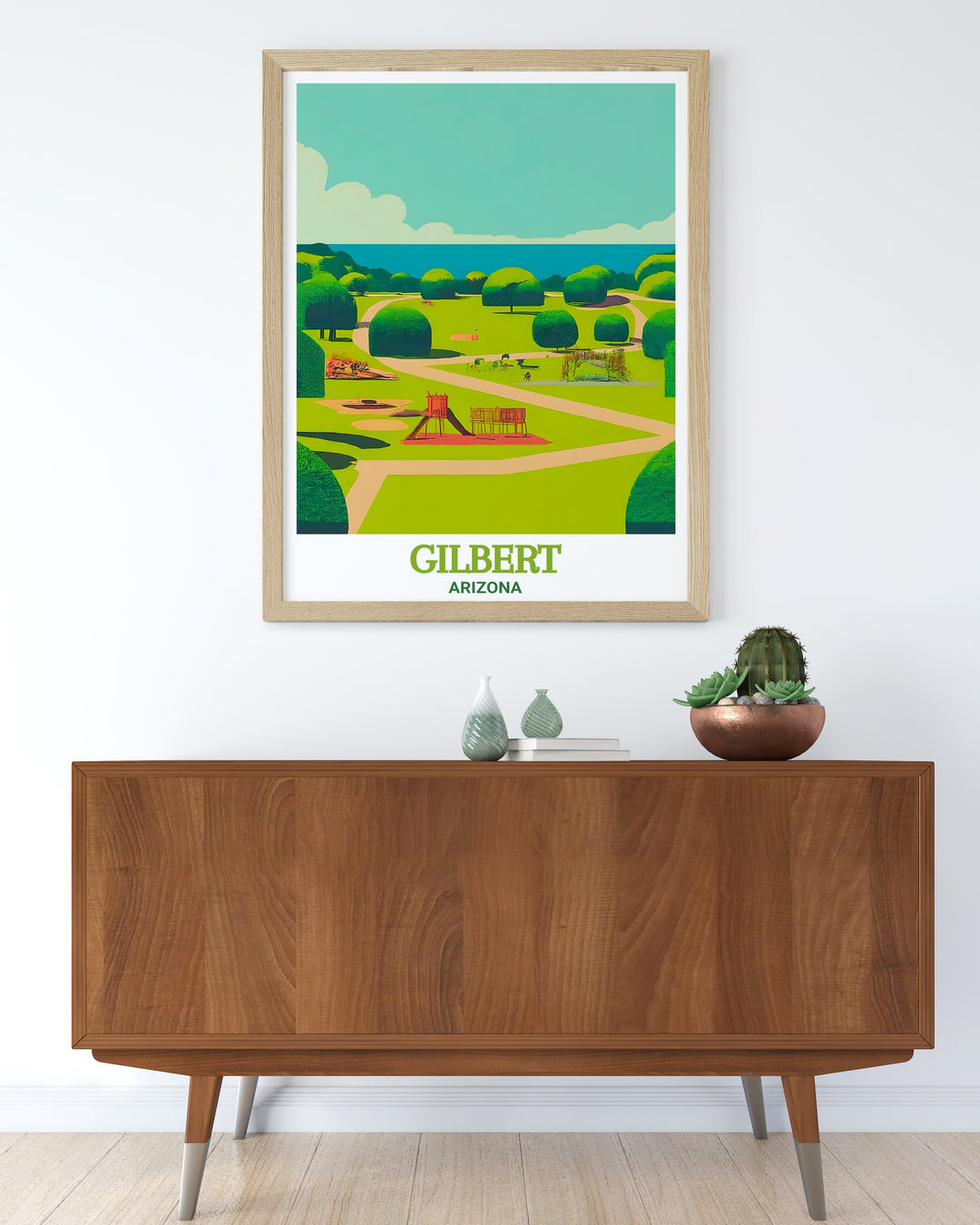 Showcasing the beauty of Freestone Park, this Arizona travel poster offers a timeless representation of Gilberts peaceful outdoors. With its desert colors and minimalist style, this artwork is perfect for any room or as a special Arizona gift.