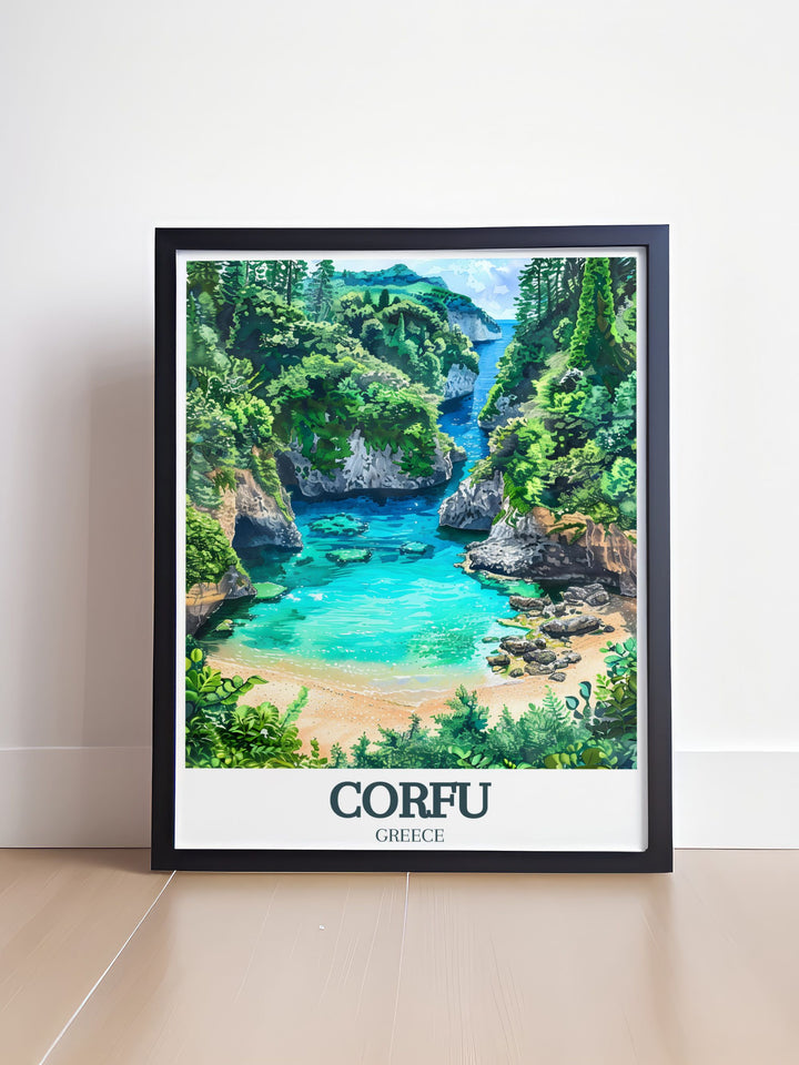 a framed picture of a tropical beach scene
