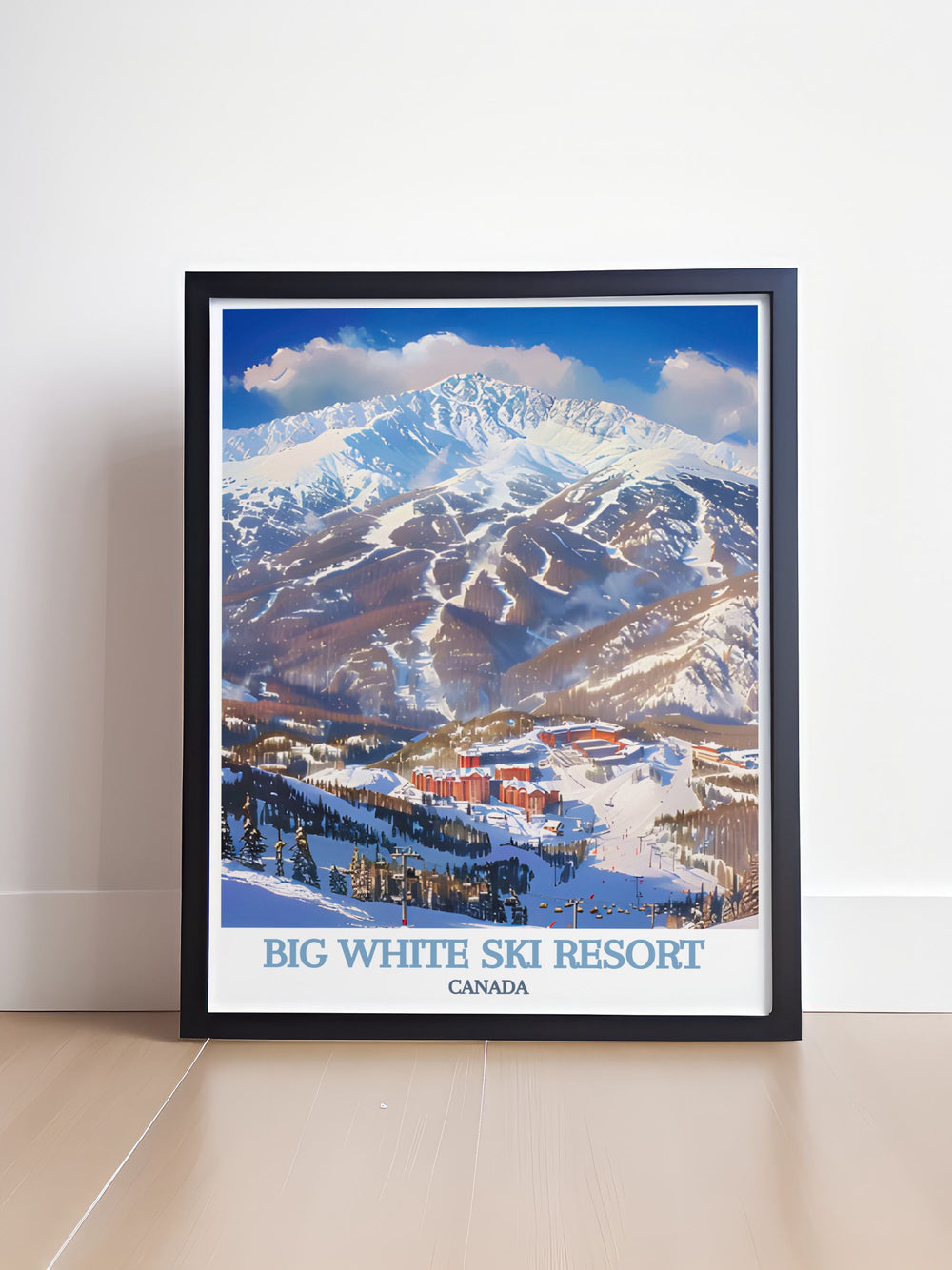 Home decor print featuring Big White Mountain in British Columbia, showcasing its majestic snow covered slopes and serene landscapes, ideal for creating a cozy and inspiring atmosphere in any room.