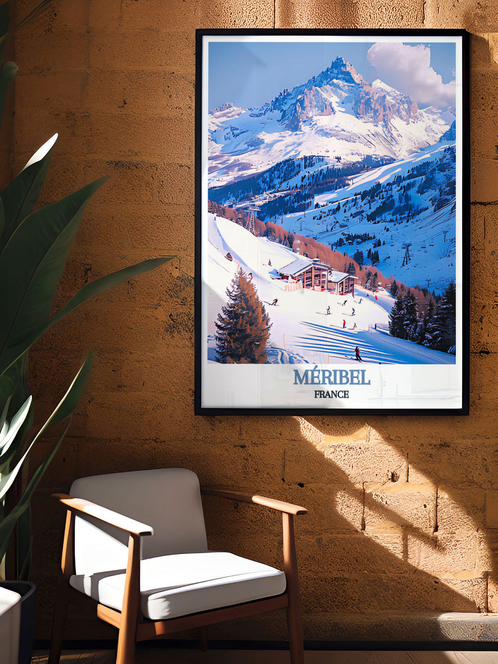 Featuring the bustling Rond Point des Pistes, this poster offers a visual representation of one of the French Alps most central hubs, ideal for snowboarders and adventure seekers.