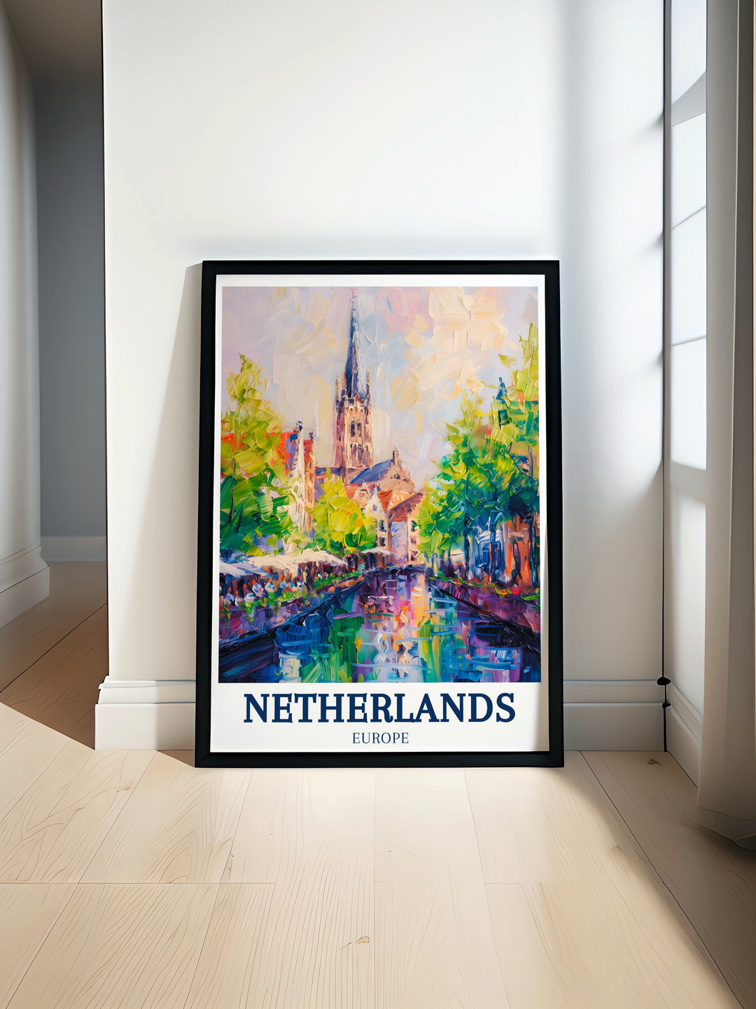 This elegant Holland Poster features the beautiful Delft New Church a perfect addition to your home decor capturing the iconic Dutch architecture in a stunning minimal travel print ideal for enhancing any living room or office space