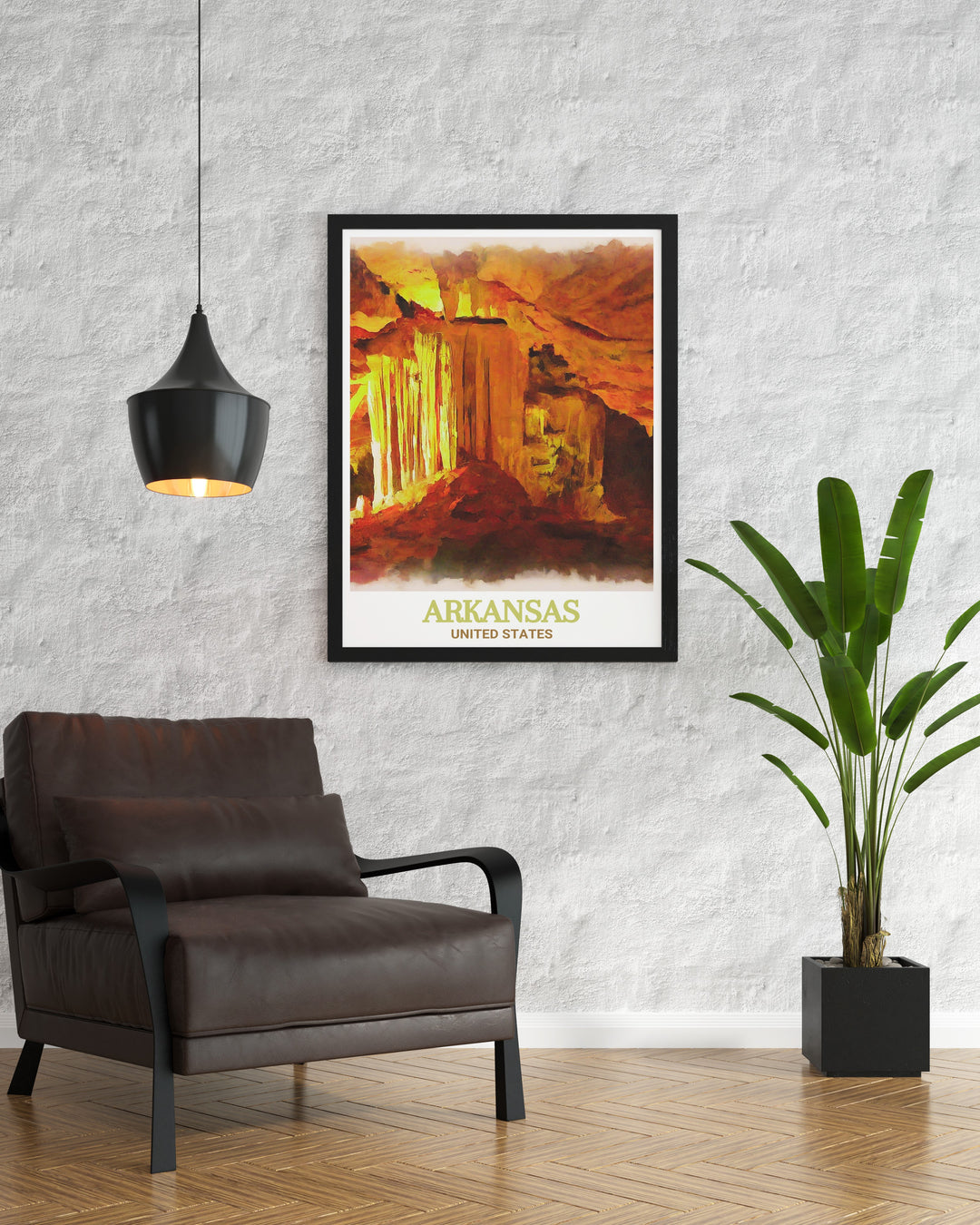 Poster of Blanchard Springs Caverns, depicting the enchanting underground formations in vivid detail. Ideal for enhancing your home decor with a piece of Arkansass natural heritage, this print is both captivating and stylish.