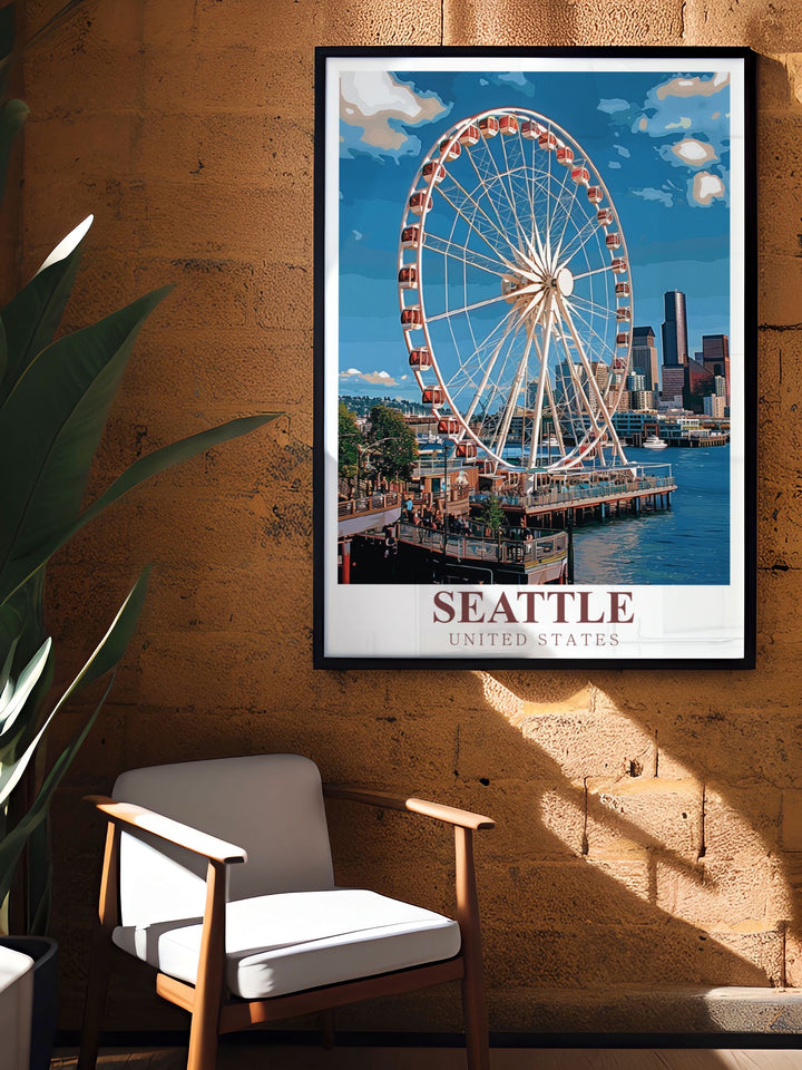 Great Wheel Framed Prints capturing the essence of Seattles skyline in a modern design. Features the famous Great Wheel set against the backdrop of Seattles dynamic waterfront and urban landscape.