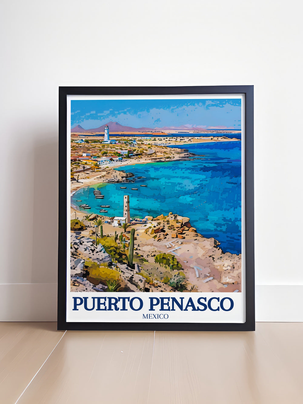 Transform your space with the calming beauty of Puerto Peñascos coastlines, showcased in this travel poster. The vibrant waters of Cholla Bay and the dramatic scenery of Rocky Bay create a stunning addition to any home décor or travel art collection.