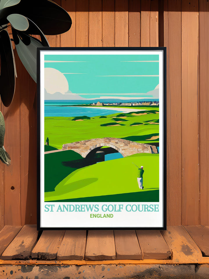 Travel print of St Andrews Golf Course and Old Course, showcasing the iconic landscapes and historical significance of this legendary golf destination. Perfect for adding a touch of Scotlands charm to any room, this canvas art piece is both elegant and timeless.