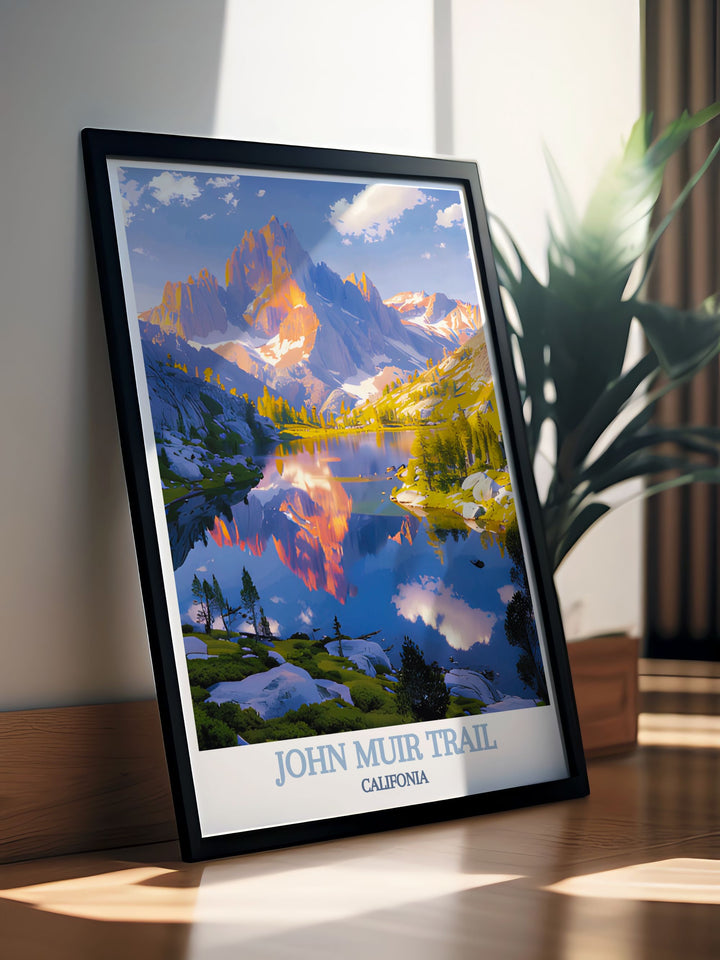 The epic John Muir Trail, stretching 211 miles through the Sierra Nevada mountains, is highlighted in this travel poster. Ideal for those who appreciate adventure and natural beauty, this artwork brings the spirit of the trail into your living space.