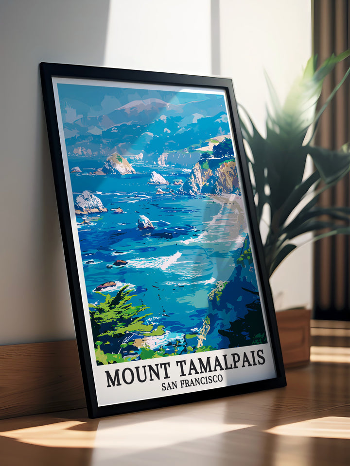 Beautiful California artwork of Mount Tamalpais with the Pacific Ocean and Marin Hills in the background. This art print is ideal for modern decor and makes a great gift for lovers of California travel and nature.