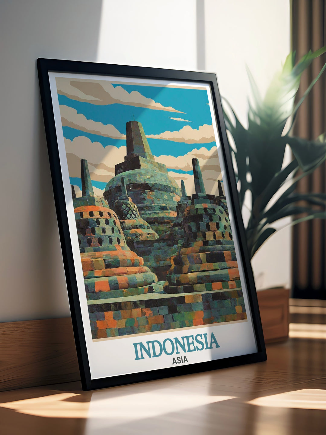 A blend of Borobudurs grand structure and Balis tropical essence, this travel print captures the magic of Indonesia. Whether its for your home or a gift for a friend, this art brings the beauty of two iconic landmarks into focus.