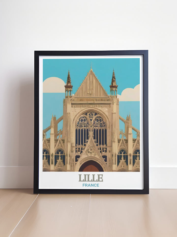 A detailed poster print of Lille, France, highlighting the stunning Gothic architecture of Saint Maurice Church. This travel artwork captures the grandeur of this historic structure, featuring the churchs towering spires and intricate stonework. Perfect for art lovers and travel enthusiasts alike.