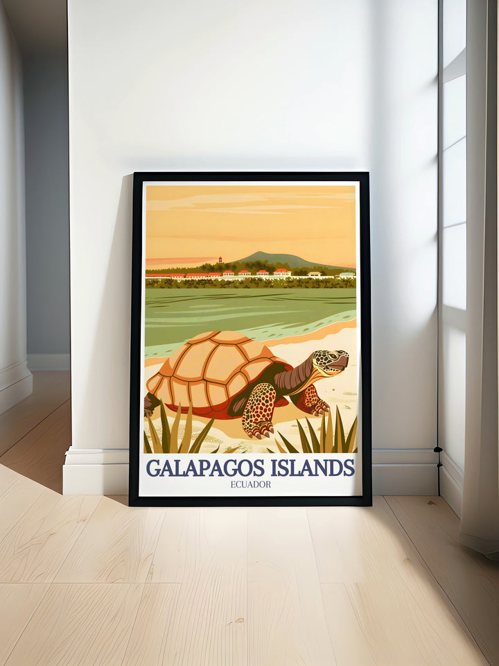 Celebrate the beauty of Ecuador with this poster of the Galapagos Islands, featuring Santa Cruz and Floreana Islands. Ideal for home decor or as a travel gift, this artwork brings the pristine wilderness of the islands to life.