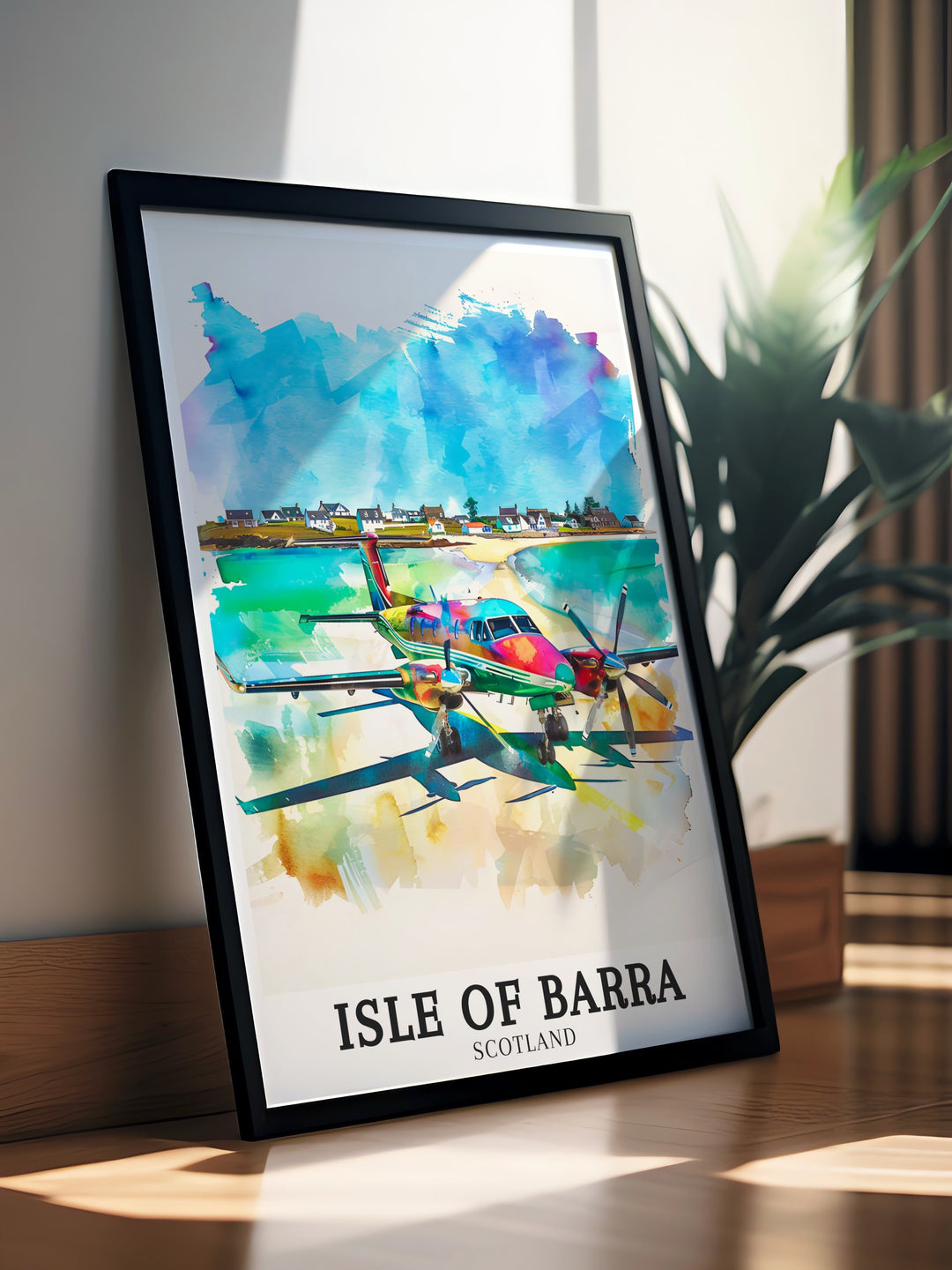 This canvas art from the Isle of Barra features the stunning Traigh Mhor Beach, known for its beach airport. Whether youre an aviation enthusiast or simply love Scotlands breathtaking landscapes, this travel poster offers a beautiful and unique piece of wall decor.