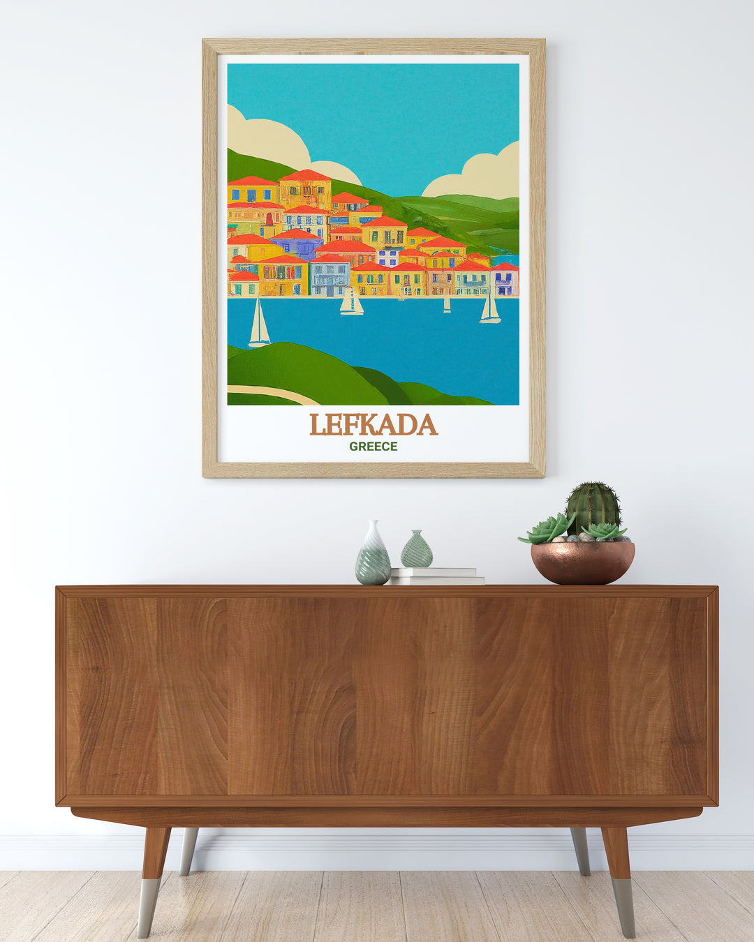 Beautiful Greece Island Decor featuring Lefkada Town adds a sense of adventure and calm to your living room or office. The scenic views of this Greek island make it an ideal piece for enhancing your home decor with a touch of Mediterranean elegance and charm.