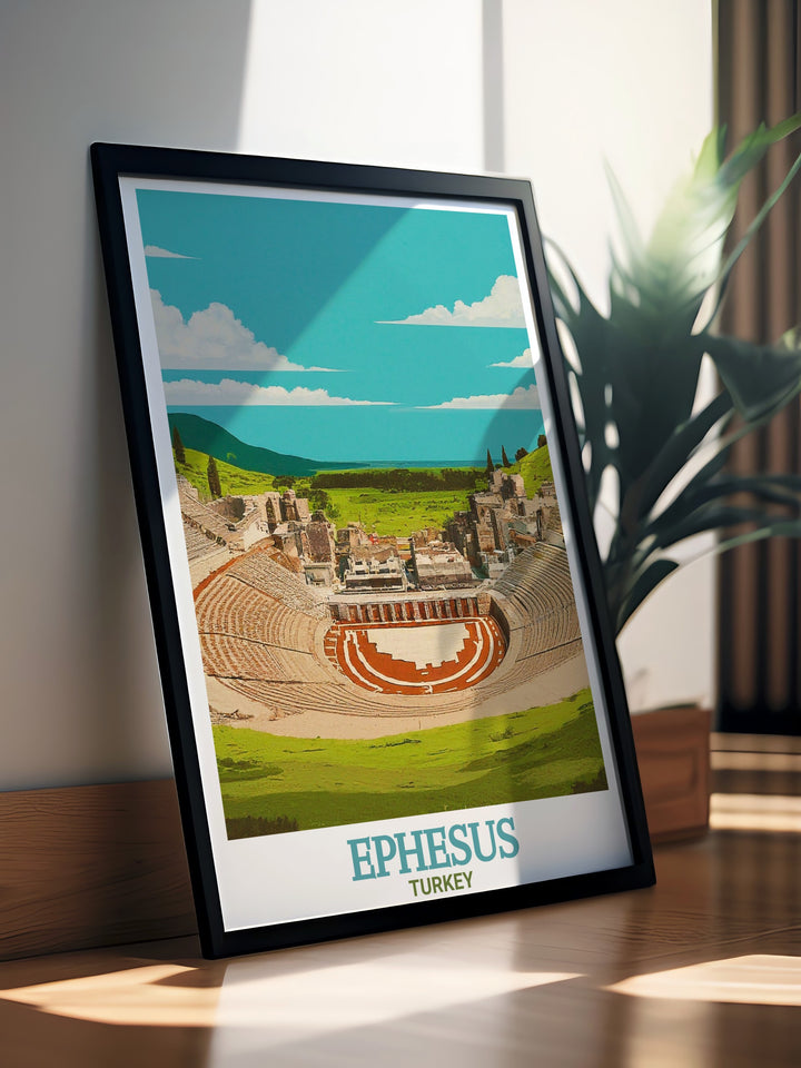 Ephesus Travel Poster brings the ancient city of Ephesus into focus, capturing the beauty of the Great Theatre. This print is the perfect addition to any wall, offering a glimpse into Turkeys historical wonders.