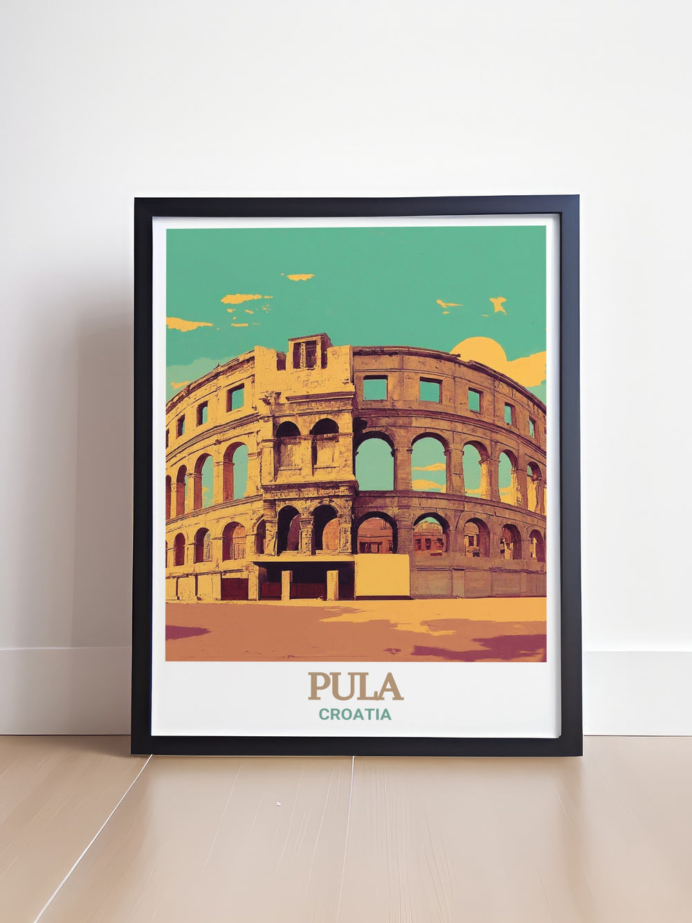 Bring the charm of Pulas historic streets and landmarks into your home with this travel print. The artwork captures the citys unique blend of ancient history and vibrant culture, making it a perfect addition to any room.