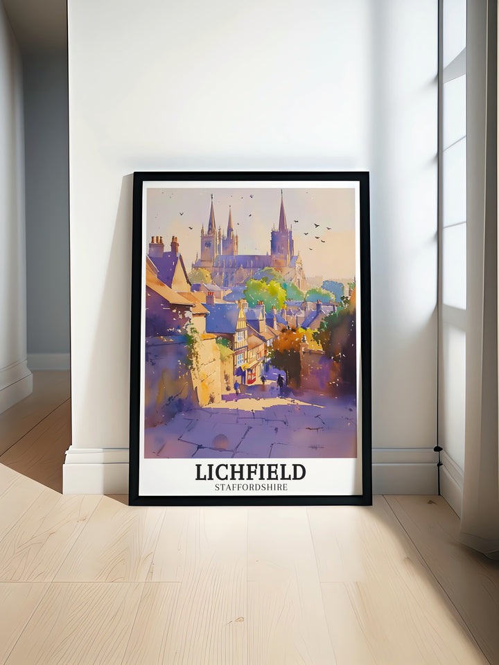 This travel poster captures the beauty of Lichfield Cathedrals Gothic spires, set against the serene surroundings of The Close. Ideal for those who love British landmarks, this artwork brings a sense of history and elegance into your home or office.