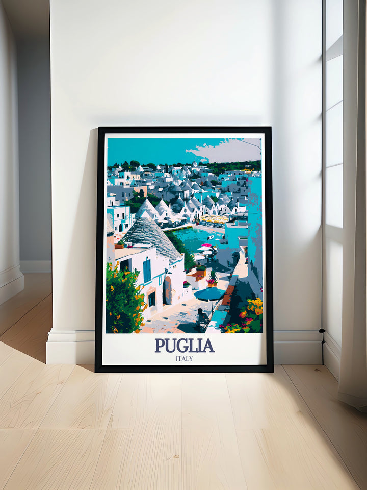 Experience the charm of Trulli houses and the Adriatic Sea with our Italy Travel Print. This beautiful Italy Wall Art showcases the unique architecture of Puglias Trulli houses and the serene blue waters of the Adriatic Sea, perfect for home decor.