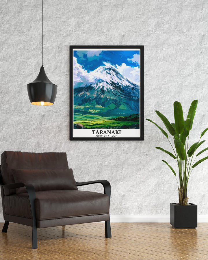 Beautiful Mount Taranaki poster art depicting Egmont National Park with vivid colors creating a captivating addition to any New Zealand art collection or wall decor