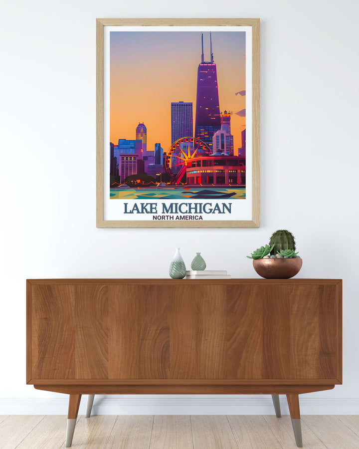 Navy Pier Modern Art and Lake Michigan Poster bring the beauty of Chicagos shoreline into your home. This travel print is a great choice for a vintage art collection or as a standalone piece to elevate your decor.