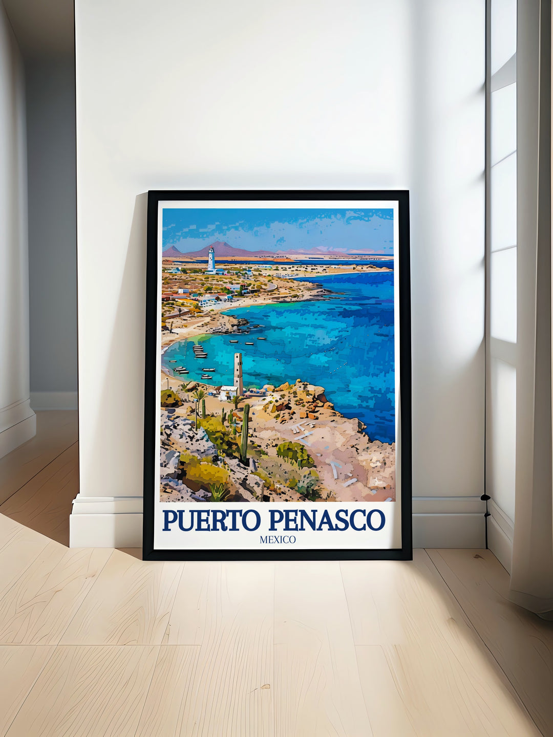 Showcase the natural beauty of Puerto Peñasco with this travel print, featuring the stunning beaches of Cholla Bay and Rocky Bay. This poster is perfect for bringing a piece of Mexicos coastal charm into your space or as a unique gift for a travel lover.