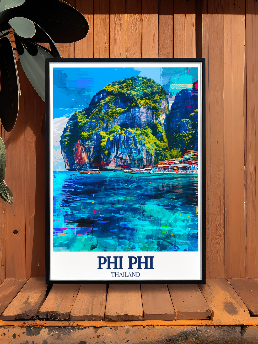 This stunning art print showcases the natural beauty of the Phi Phi Islands. Featuring Tonsai Bay and Phi Phi Leh, this poster is ideal for anyone who loves tropical destinations and Thailands scenic beaches.