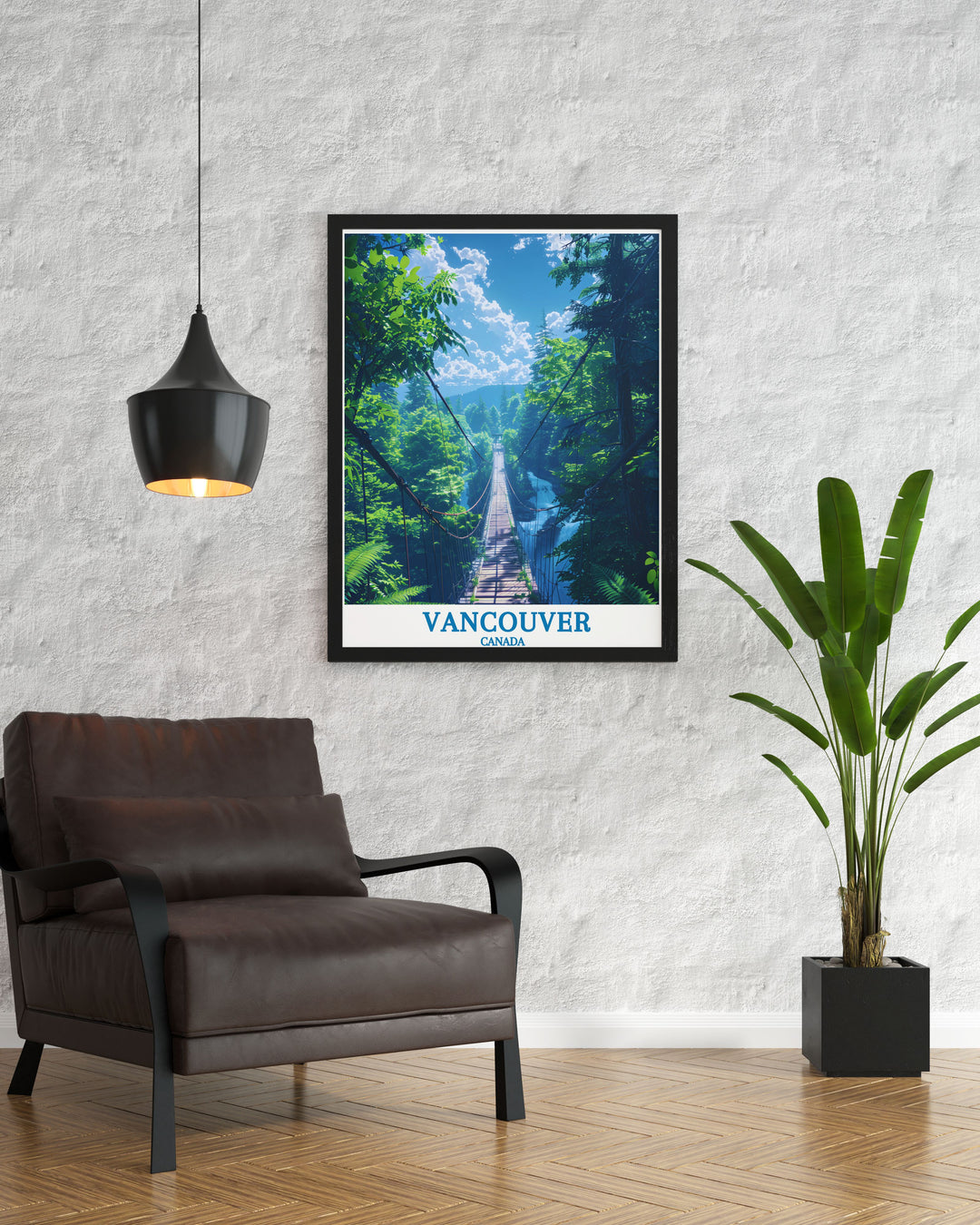 This travel poster of the Capilano Suspension Bridge captures the essence of its exhilarating heights and surrounding natural beauty. An excellent piece for those who appreciate both nature and engineering marvels, it adds dynamic energy to any room.
