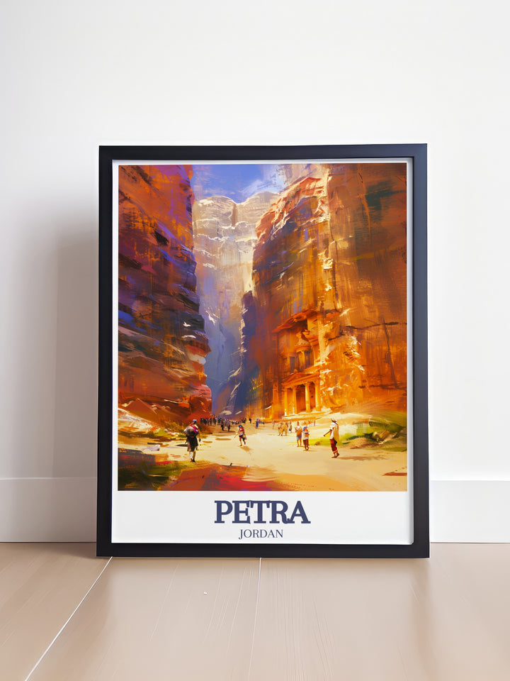 Petra Print highlighting the intricate carvings of The Treasury as seen through the narrow passage of The Siq. This framed art offers a glimpse into one of the worlds most famous archaeological sites, making it a perfect piece for travel inspired decor.