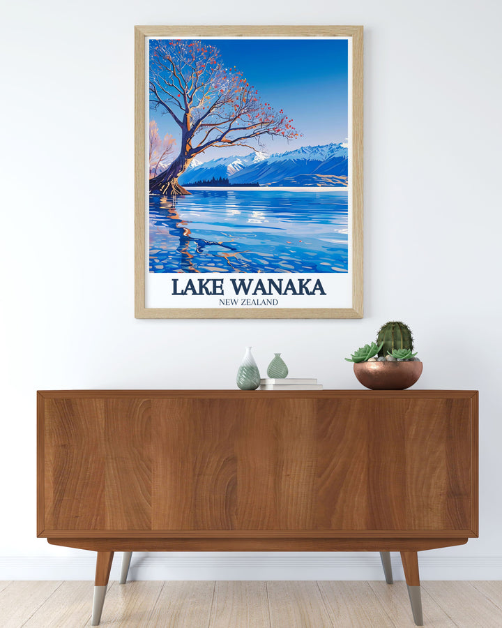 Beautiful Lake Wanaka travel print with the iconic lake wanaka tree in Mount Aspiring National Park Perfect for adding elegance and tranquility to your home decor