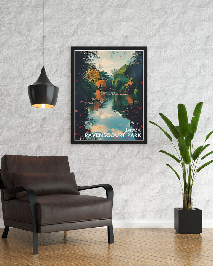 Ravenscourt Park Lake Vintage Print featuring the serene lake and its surrounding greenery. This wall art is ideal for adding a touch of tranquility to your home, making it perfect for those who appreciate the blend of nature and history in Londons parks.