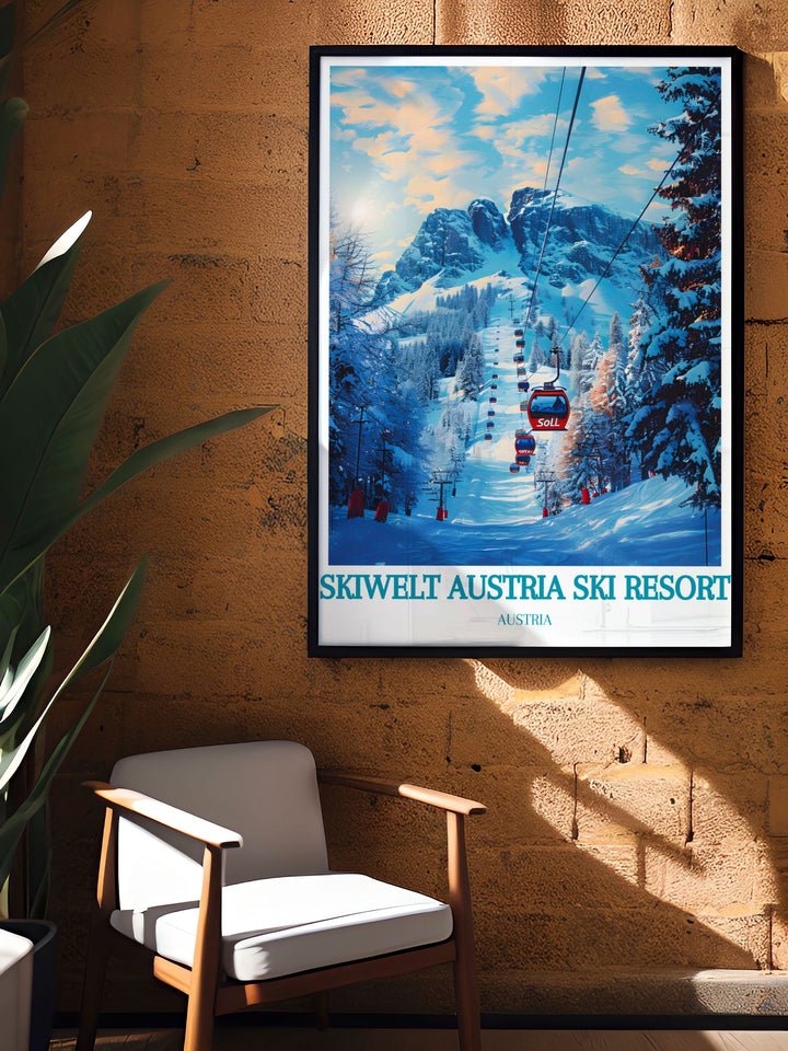 The Soll Modern Art collection includes stunning prints of the SkiWelt Austria Ski Resort. Perfect for creating a stylish and cozy environment this skiing print is ideal for anyone who appreciates the beauty of the Austrian Alps and the thrill of winter sports.